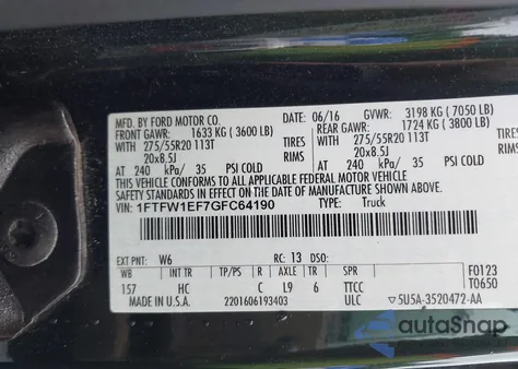 2016 Ford F-150 Lariat from USA, damaged, VIN 1FTFW1EF7GFC64190